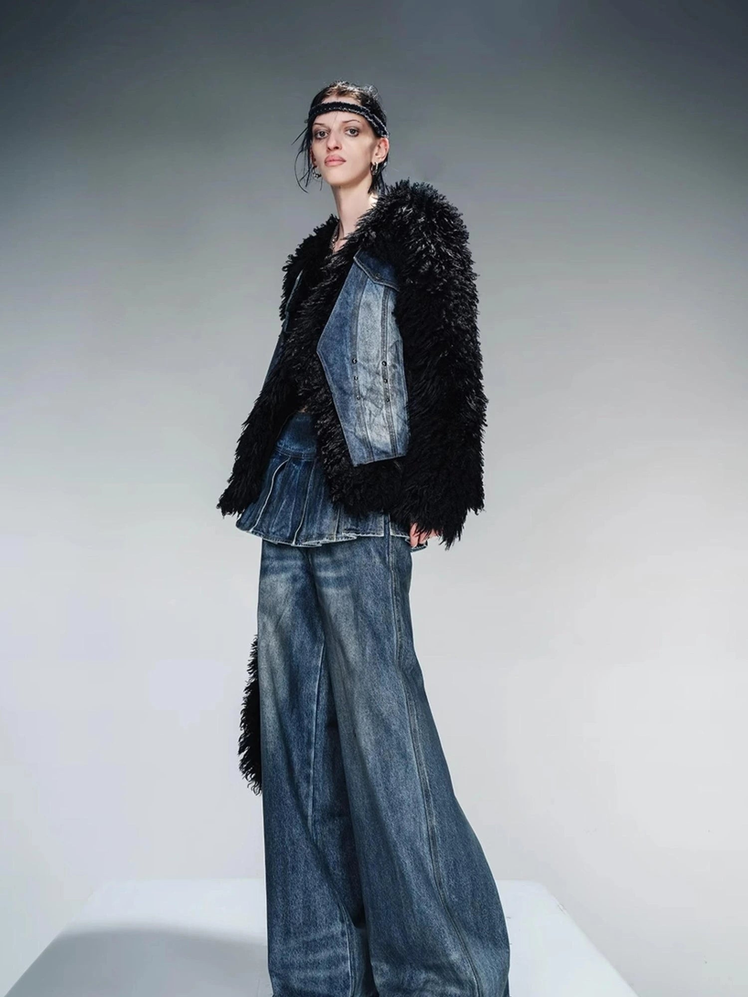 Washed Denim Patchwork Faux Fur Lined Jacket