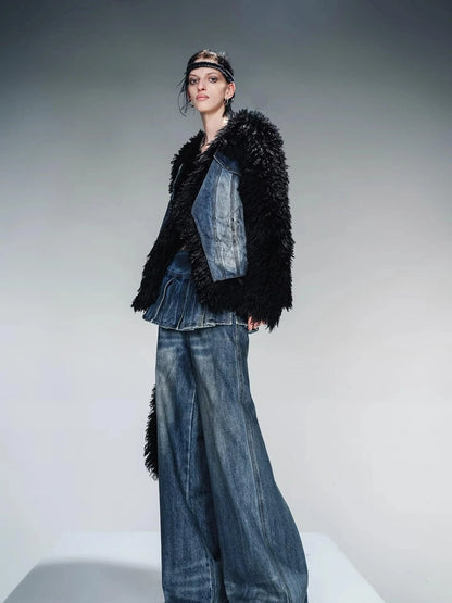 Washed Denim Patchwork Faux Fur Lined Jacket