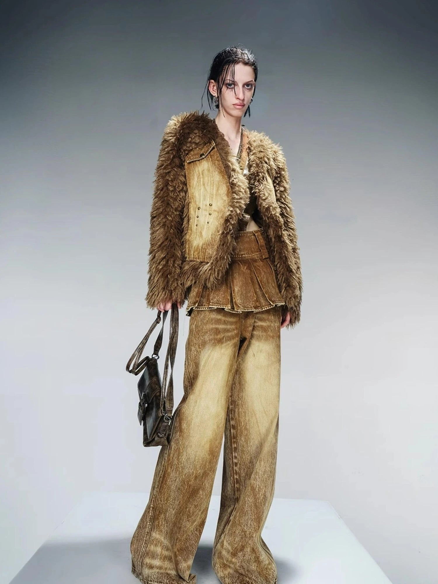 Washed Denim Patchwork Faux Fur Lined Jacket