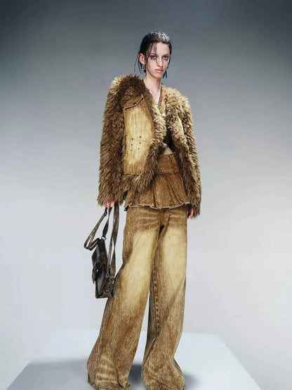 Washed Denim Patchwork Faux Fur Lined Jacket