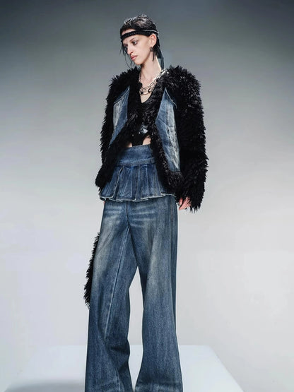 Washed Denim Patchwork Faux Fur Lined Jacket