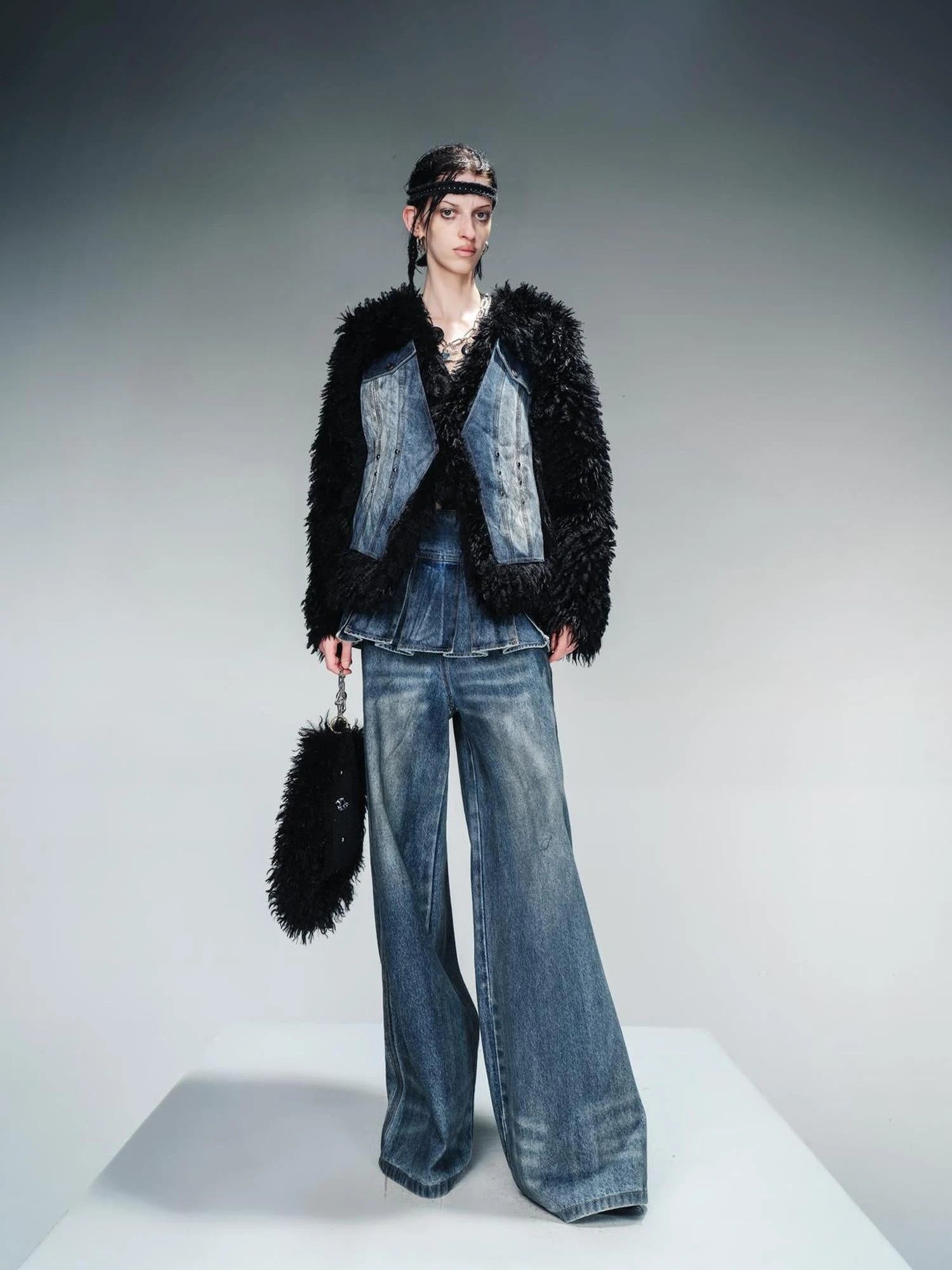 Washed Denim Patchwork Faux Fur Lined Jacket