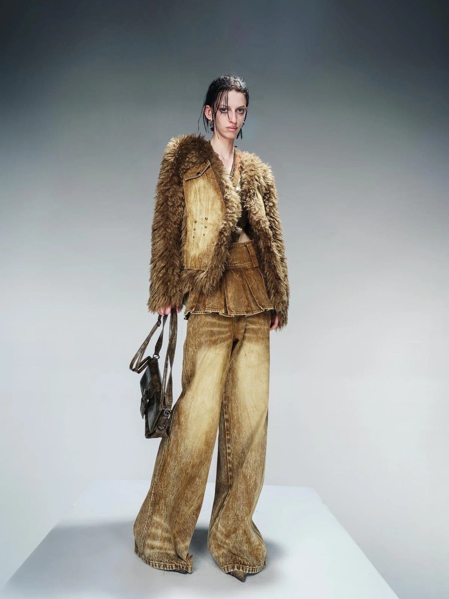Washed Denim Patchwork Faux Fur Lined Jacket