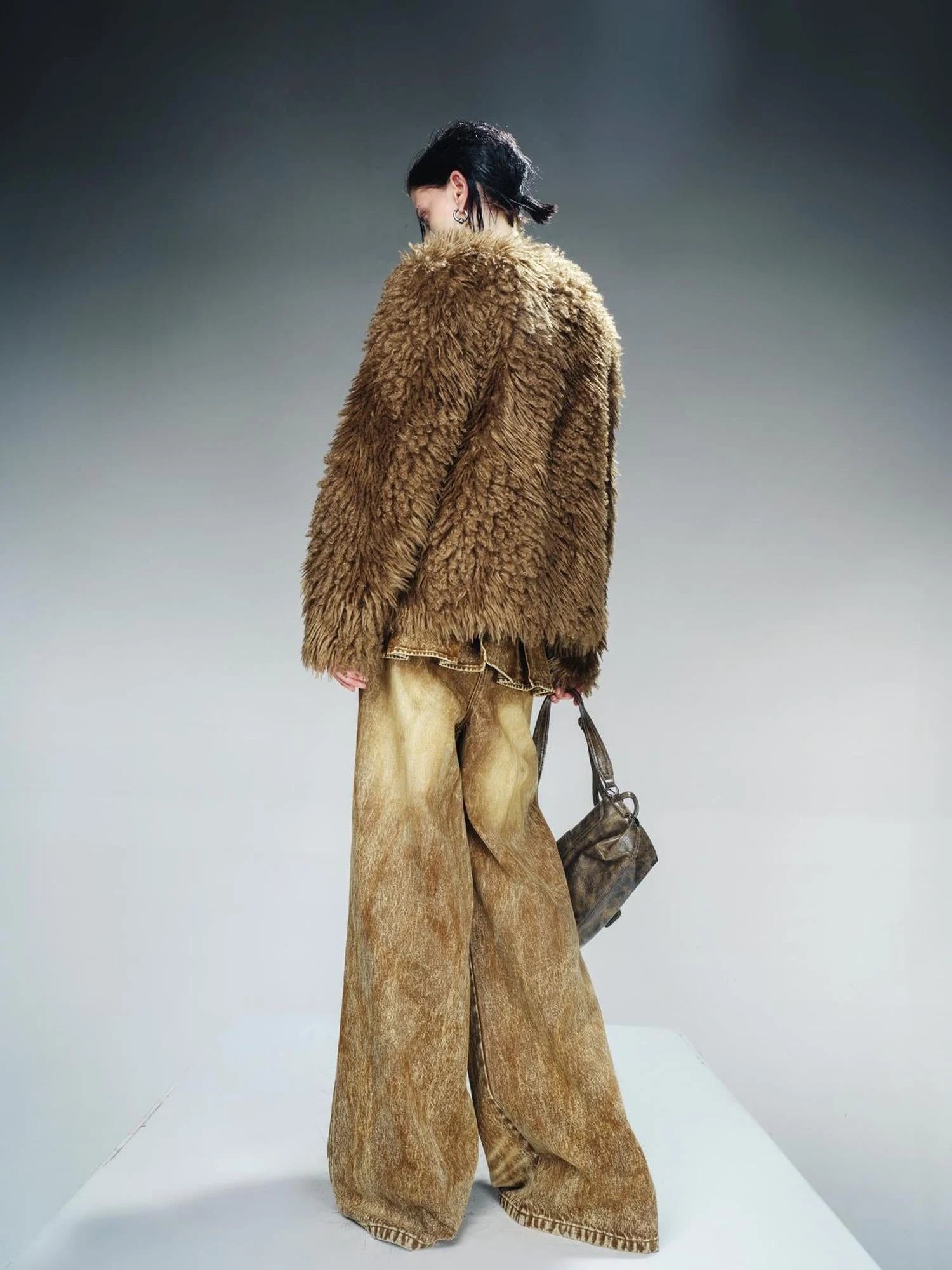 Washed Denim Patchwork Faux Fur Lined Jacket