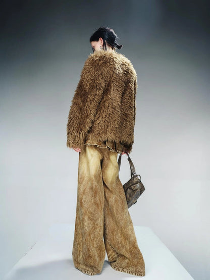 Washed Denim Patchwork Faux Fur Lined Jacket