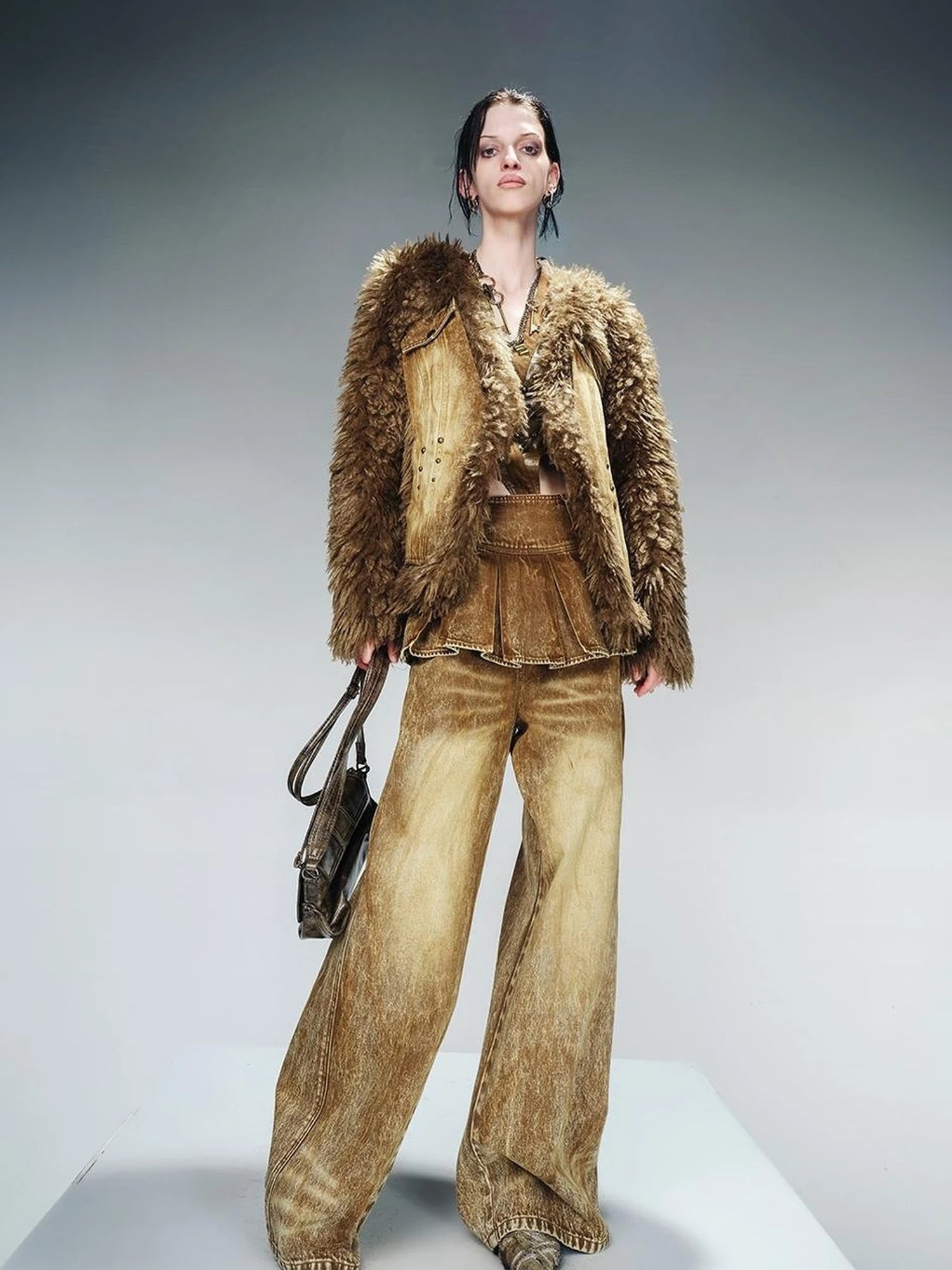 Washed Denim Patchwork Faux Fur Lined Jacket