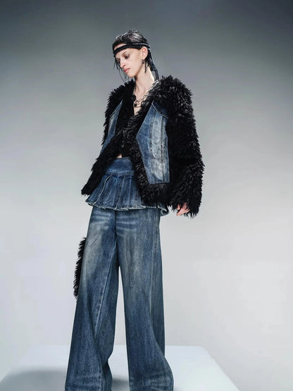Washed Denim Patchwork Faux Fur Lined Jacket