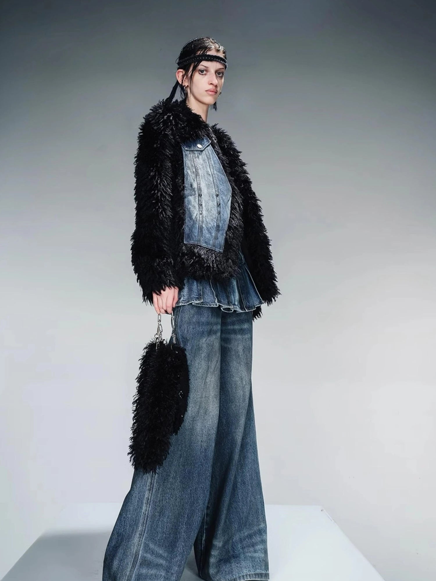 Washed Denim Patchwork Faux Fur Lined Jacket