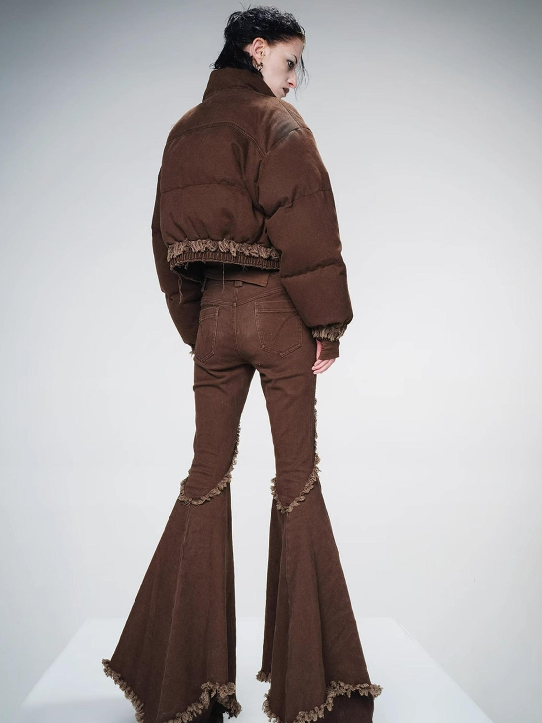 UpdateNN NORTH NODE Washed Denim Quilted Down Jacket With Fur Trim And Studs