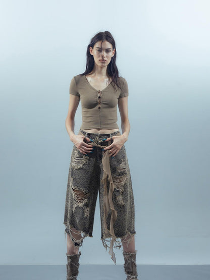 UpdateNN NORTH NODE Washed Distressed Leopard Print Cargo Shorts With Belt