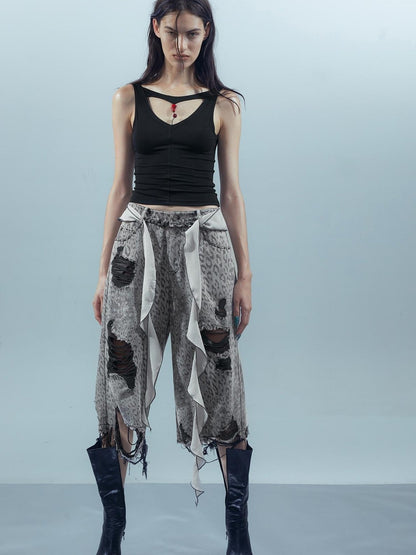 UpdateNN NORTH NODE Washed Distressed Leopard Print Cargo Shorts With Belt