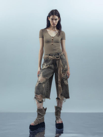 UpdateNN NORTH NODE Washed Distressed Leopard Print Cargo Shorts With Belt