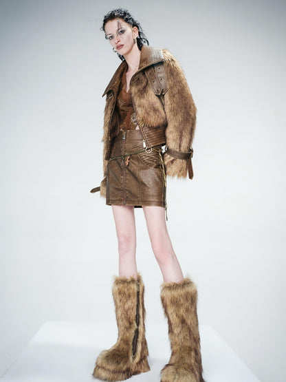 UpdateNN NORTH NODE Washed Leather And Fur Blend Short Coat