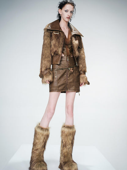 UpdateNN NORTH NODE Washed Leather And Fur Blend Short Coat