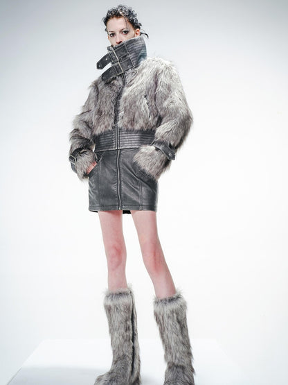 UpdateNN NORTH NODE Washed Leather And Fur Blend Short Coat