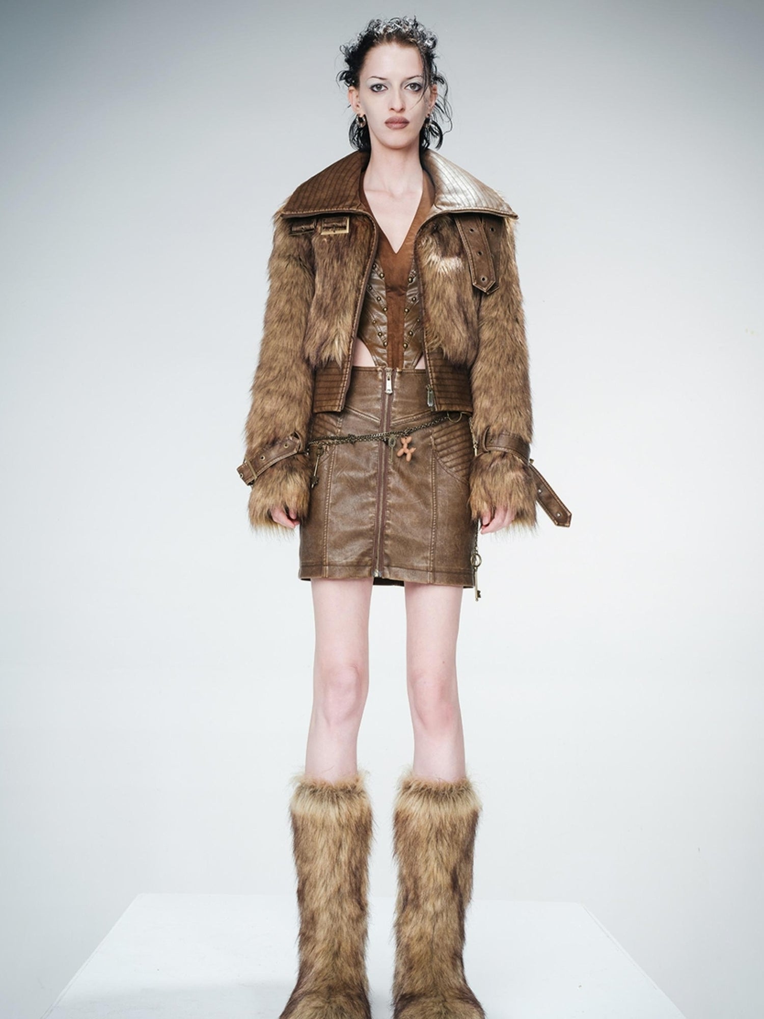 UpdateNN NORTH NODE Washed Leather And Fur Blend Short Coat