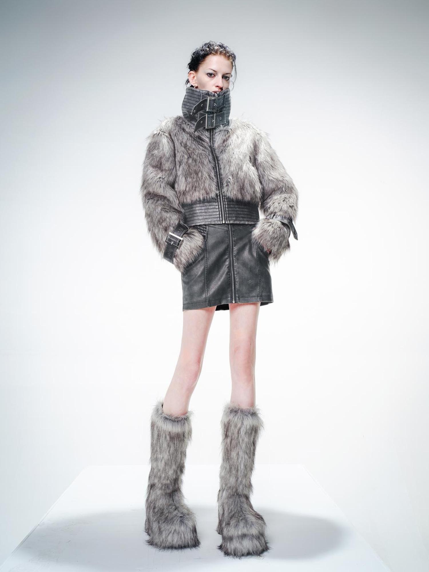 UpdateNN NORTH NODE Washed Leather And Fur Blend Short Coat