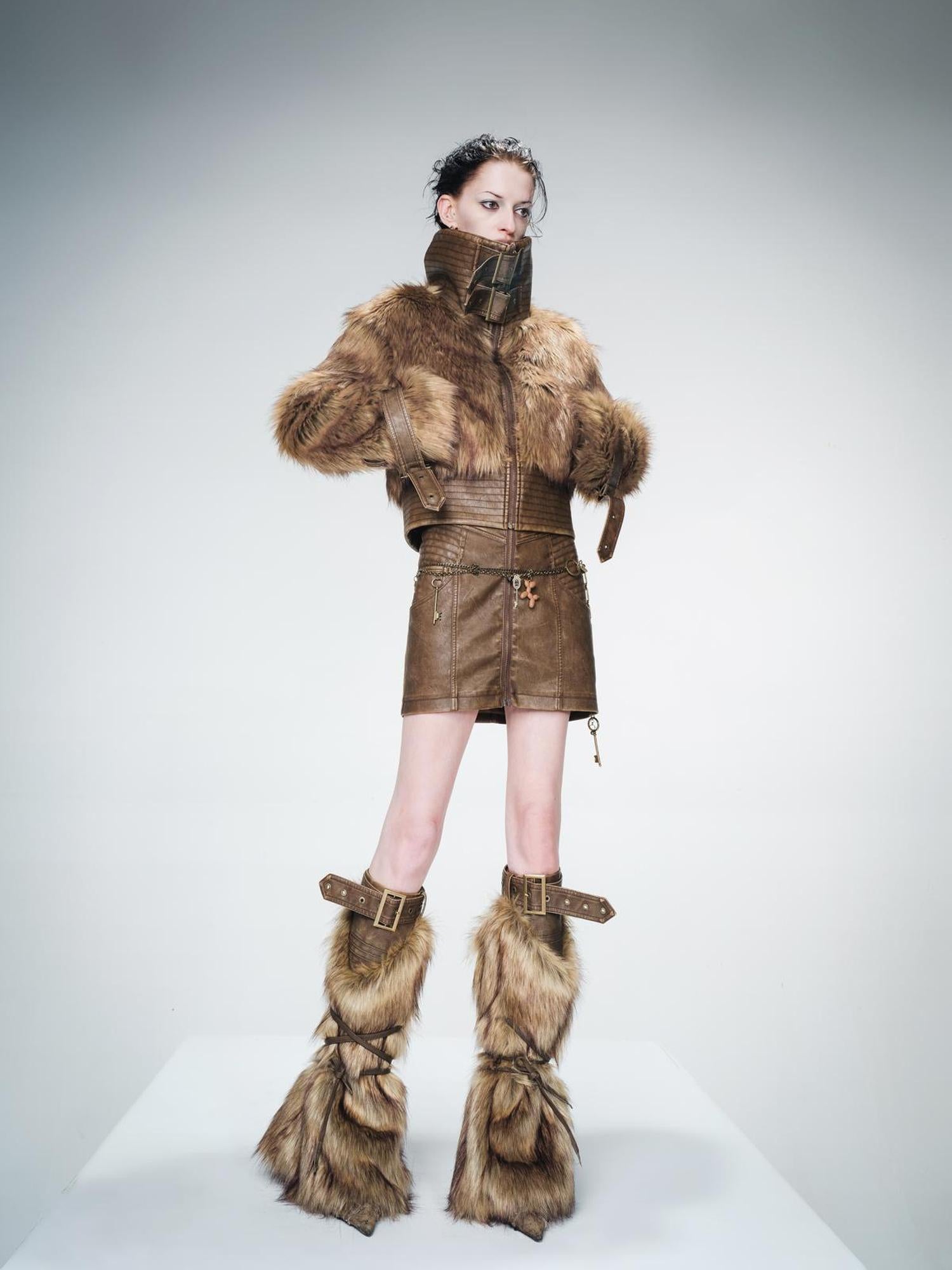 UpdateNN NORTH NODE Washed Leather And Fur Blend Short Coat