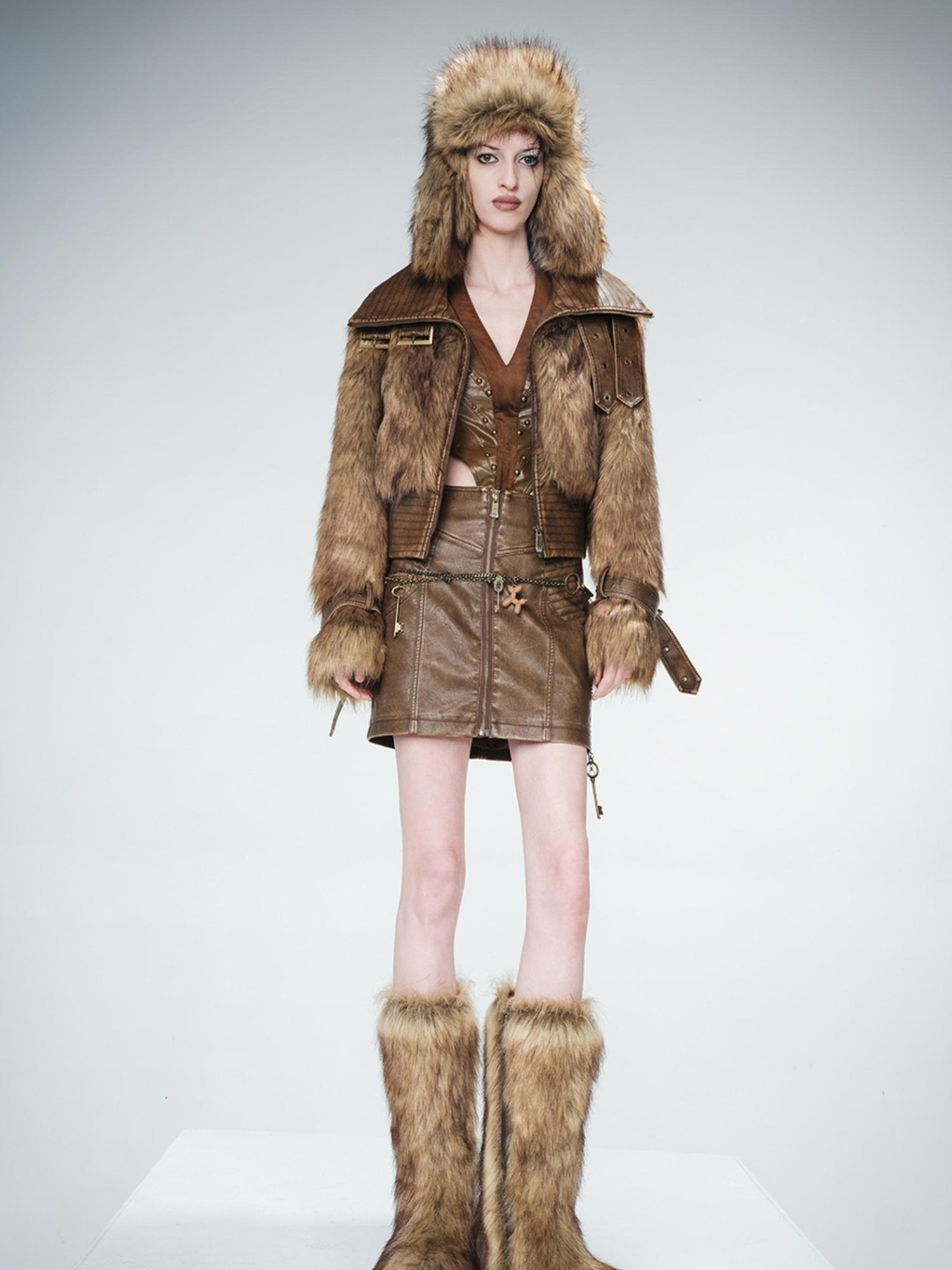 UpdateNN NORTH NODE Washed Leather And Fur Blend Short Coat