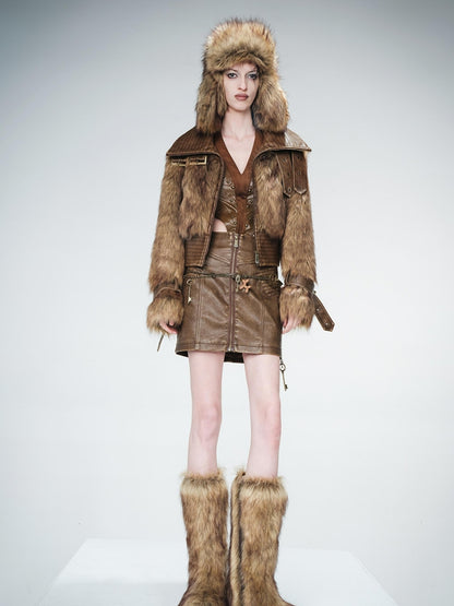 UpdateNN NORTH NODE Washed Leather And Fur Blend Short Coat