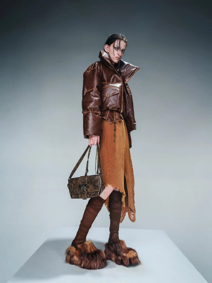 Washed Leather Down Jacket With 90 Percent White Duck Feather Fill