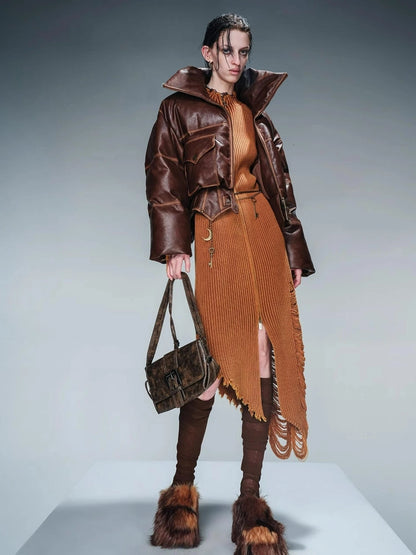 Washed Leather Down Jacket With 90 Percent White Duck Feather Fill