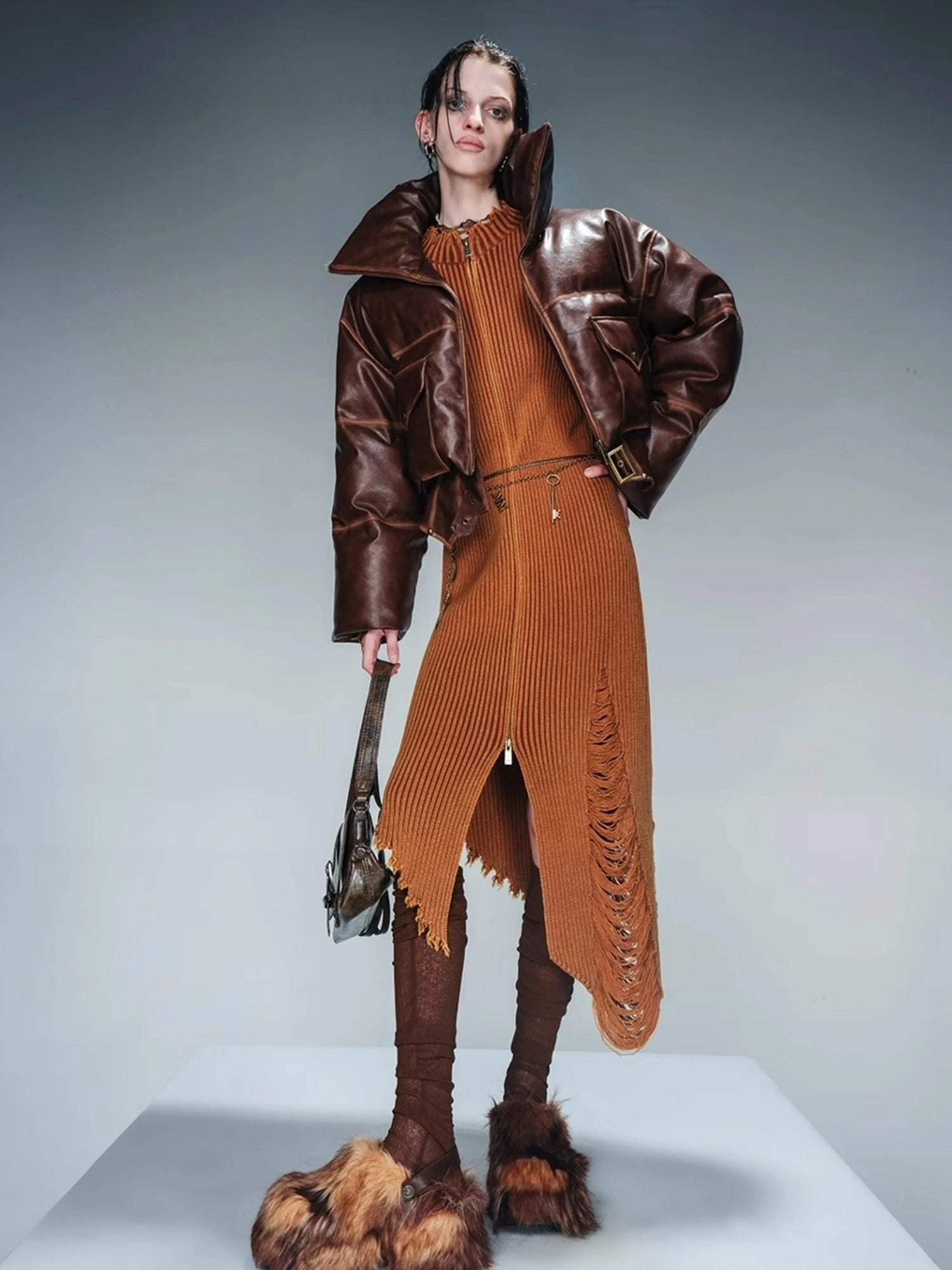 Washed Leather Down Jacket With 90 Percent White Duck Feather Fill