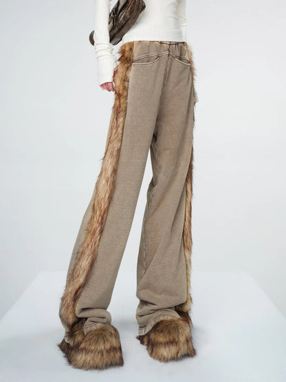 Washed Raw Hem Straight Leg Elastic Waist Pants