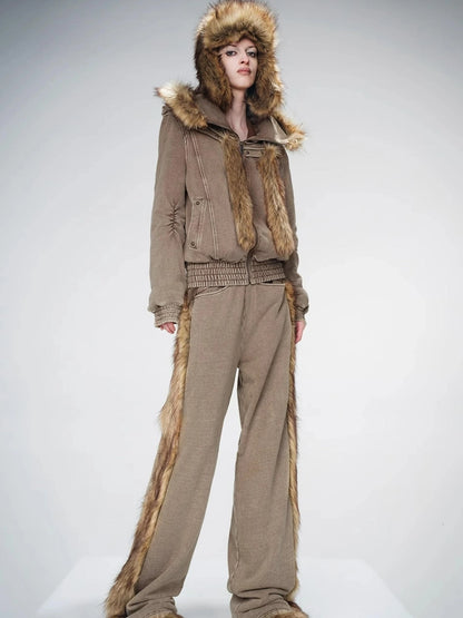 Washed Raw Hem Straight Leg Elastic Waist Pants