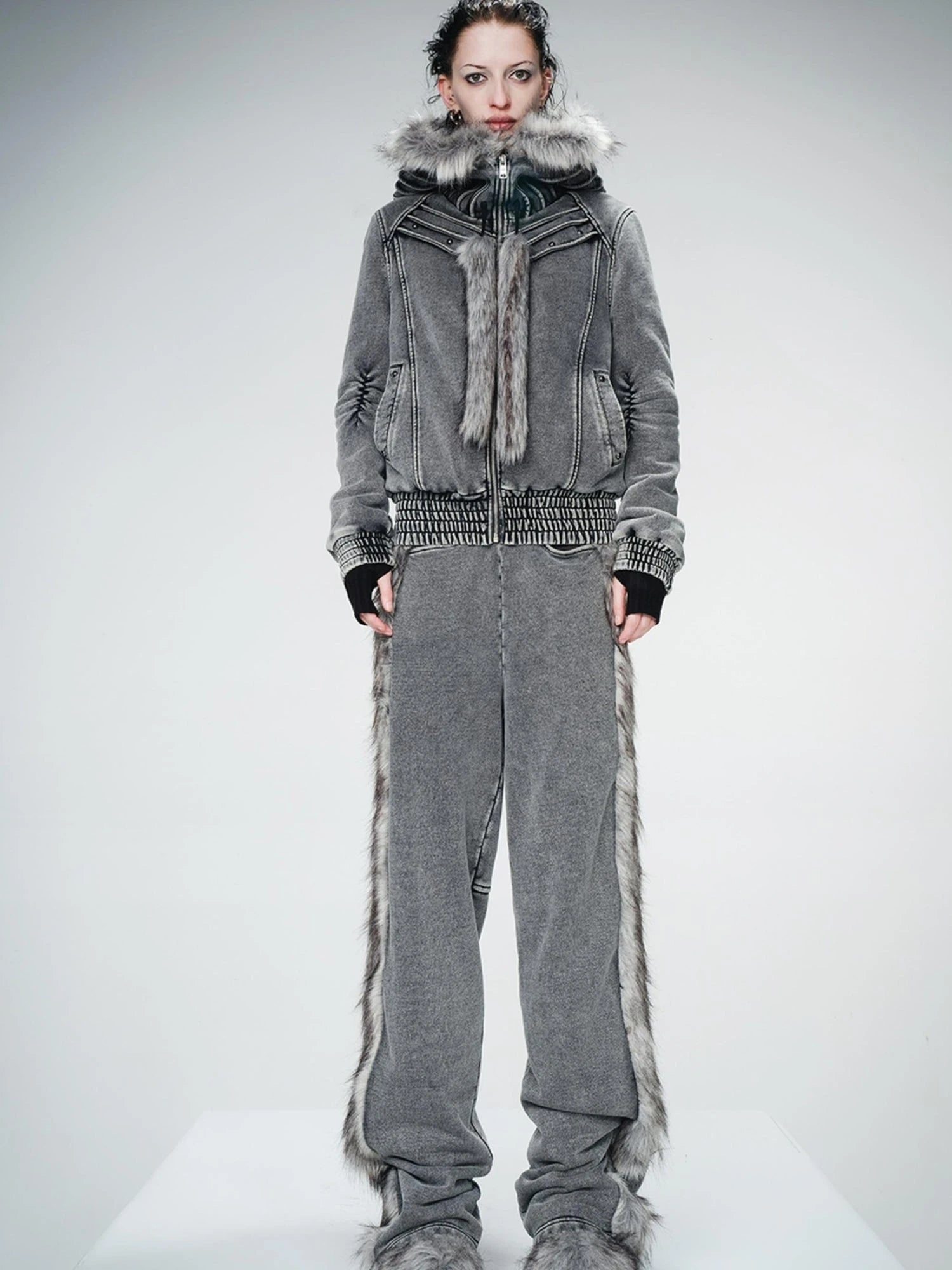 Washed Raw Hem Straight Leg Elastic Waist Pants