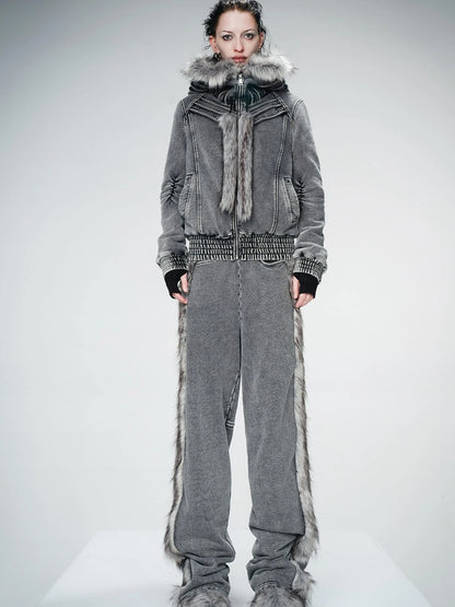 Washed Raw Hem Straight Leg Elastic Waist Pants