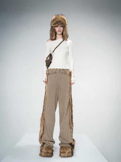 Washed Raw Hem Straight Leg Elastic Waist Pants