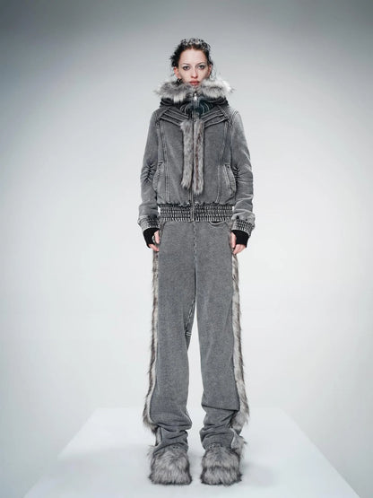 Washed Raw Hem Straight Leg Elastic Waist Pants