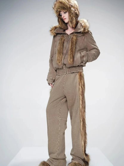 Washed Raw Hem Straight Leg Elastic Waist Pants