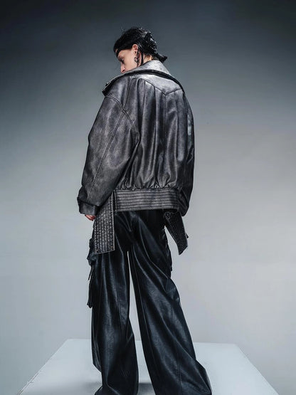 Washed Vintage Leather Cotton Short Jacket