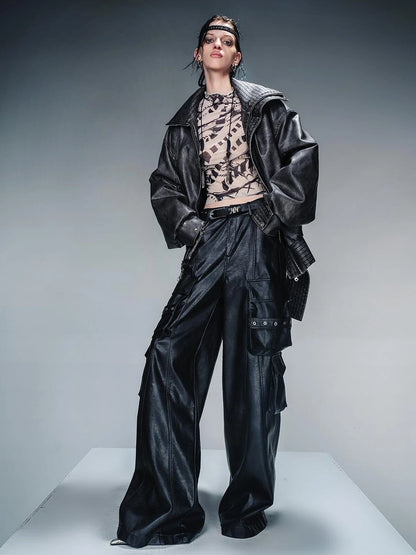 Washed Vintage Leather Cotton Short Jacket