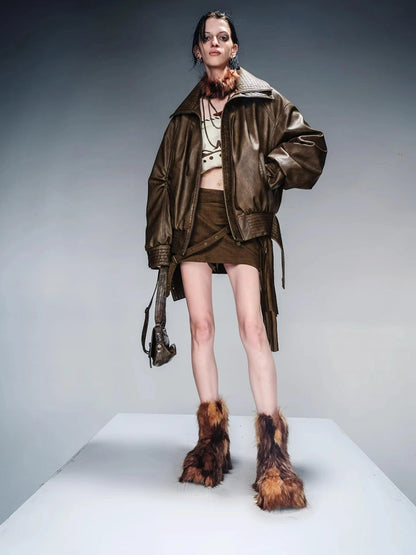 Washed Vintage Leather Cotton Short Jacket