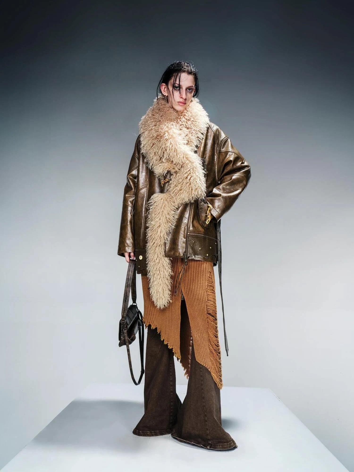 Waxed Stone Textured Leather Biker Jacket With Detachable Fur Collar