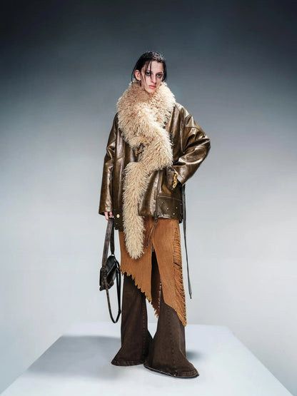 Waxed Stone Textured Leather Biker Jacket With Detachable Fur Collar