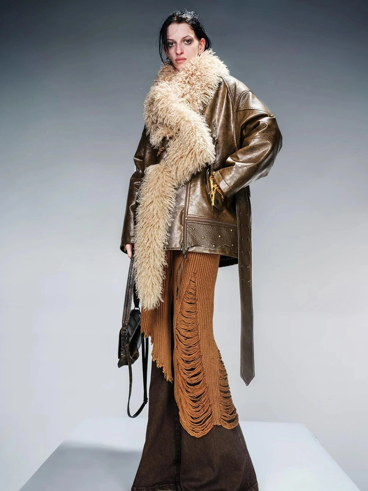 Waxed Stone Textured Leather Biker Jacket With Detachable Fur Collar