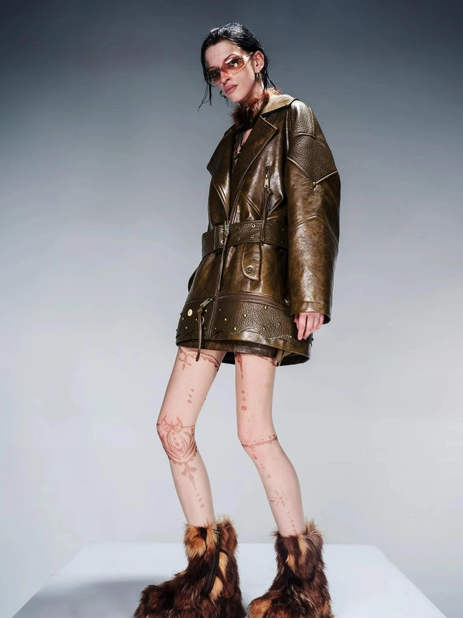 Waxed Stone Textured Leather Biker Jacket With Detachable Fur Collar