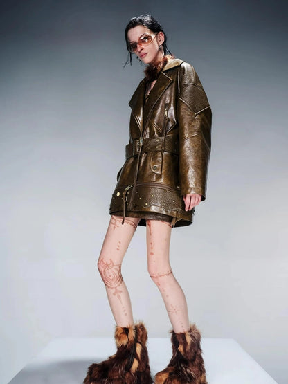 Waxed Stone Textured Leather Biker Jacket With Detachable Fur Collar