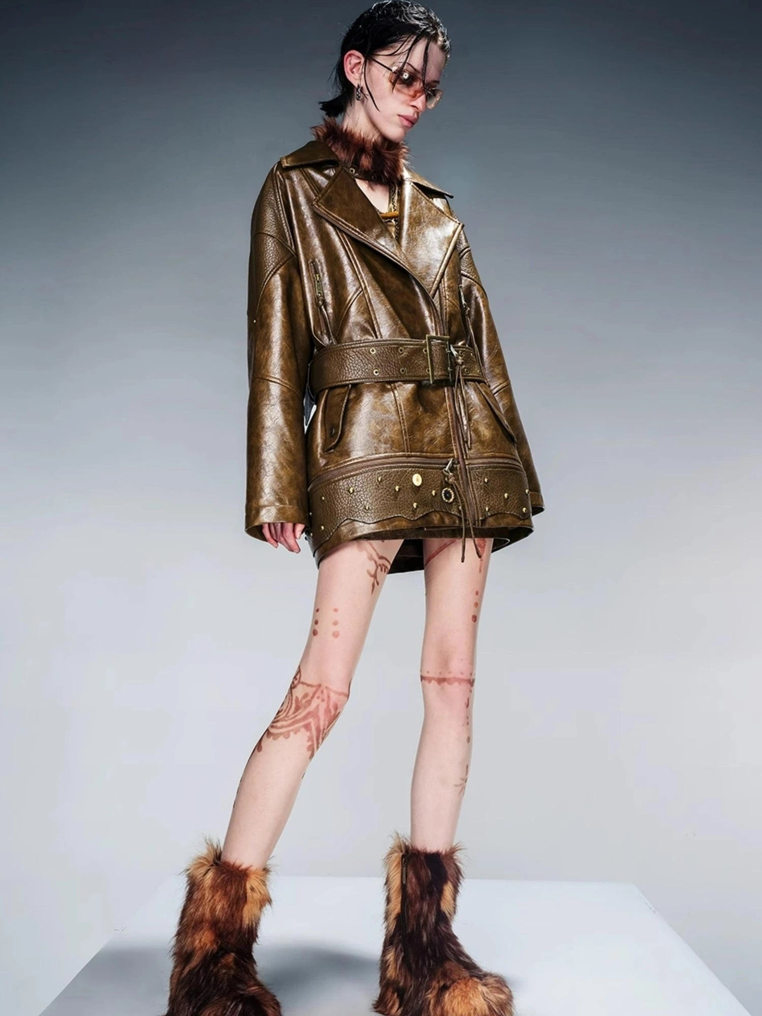 Waxed Stone Textured Leather Biker Jacket With Detachable Fur Collar