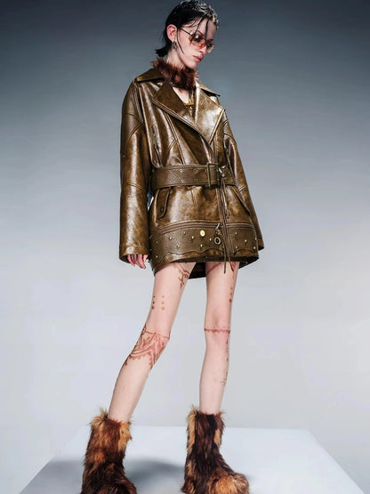 Waxed Stone Textured Leather Biker Jacket With Detachable Fur Collar