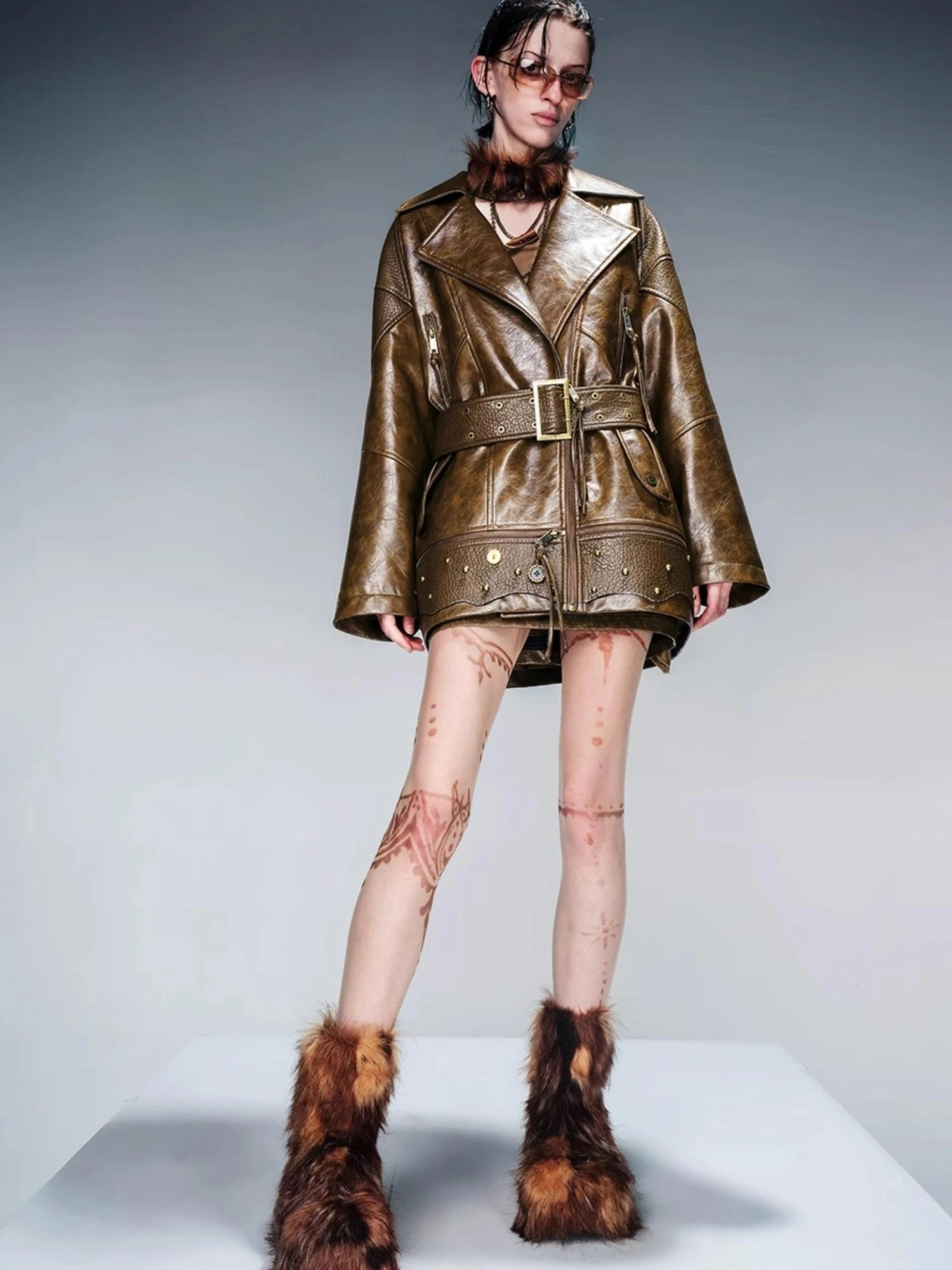 Waxed Stone Textured Leather Biker Jacket With Detachable Fur Collar