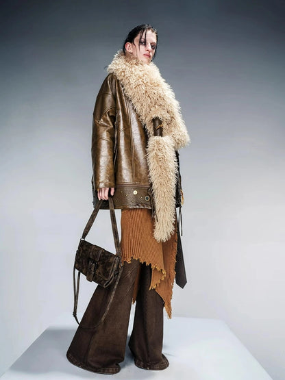Waxed Stone Textured Leather Biker Jacket With Detachable Fur Collar