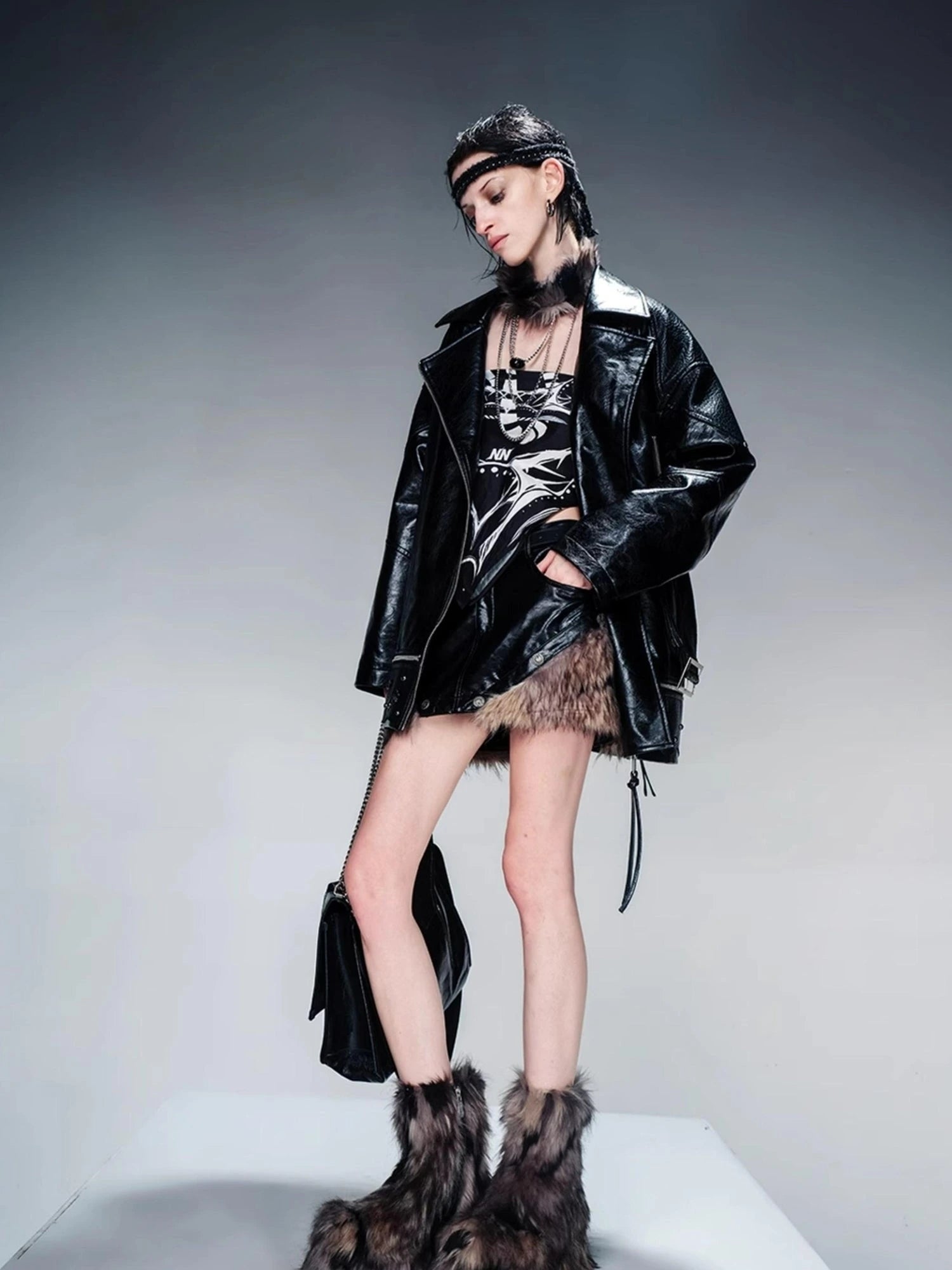 Waxed Stone Textured Leather Biker Jacket With Detachable Fur Collar