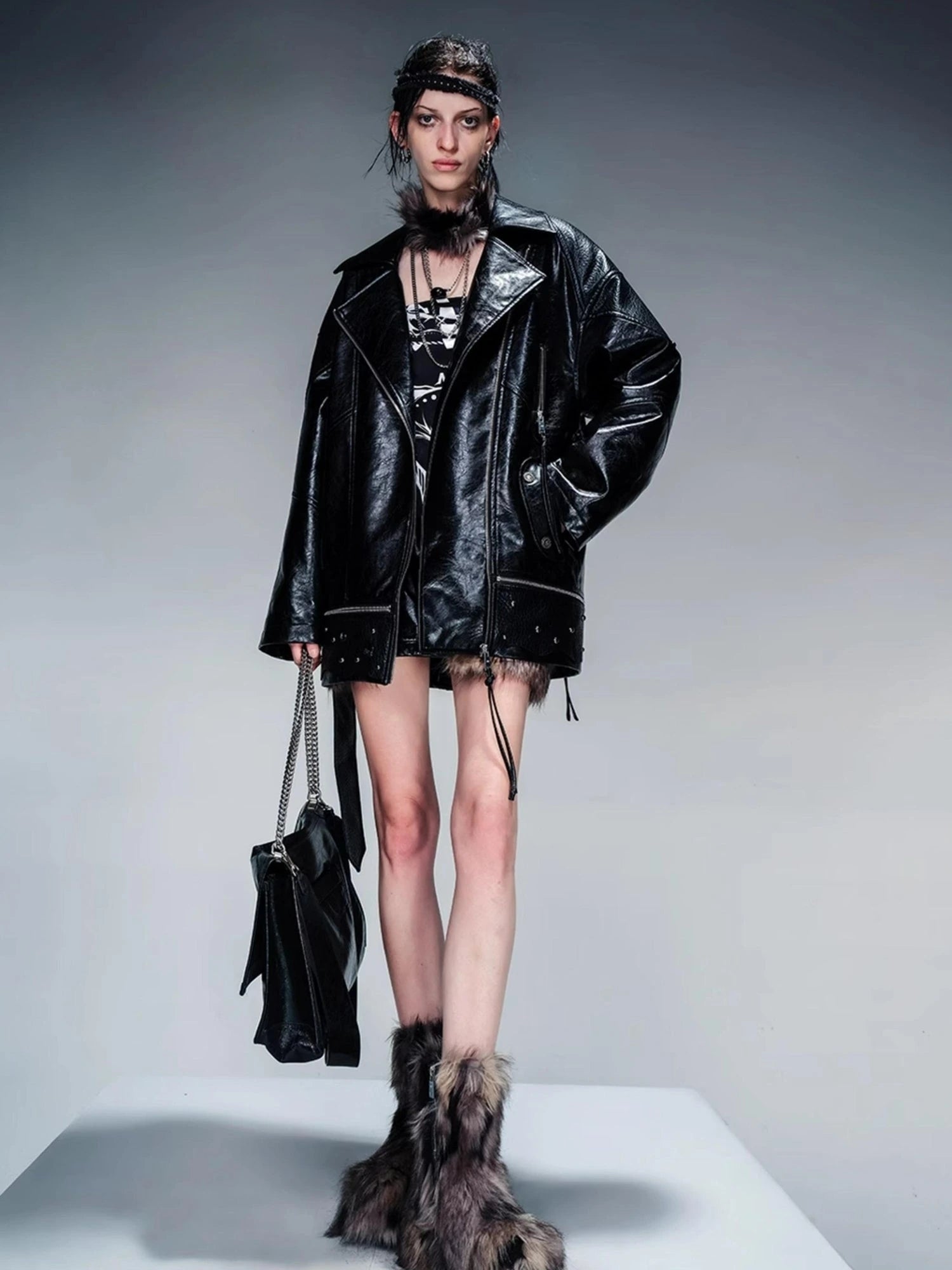 Waxed Stone Textured Leather Biker Jacket With Detachable Fur Collar