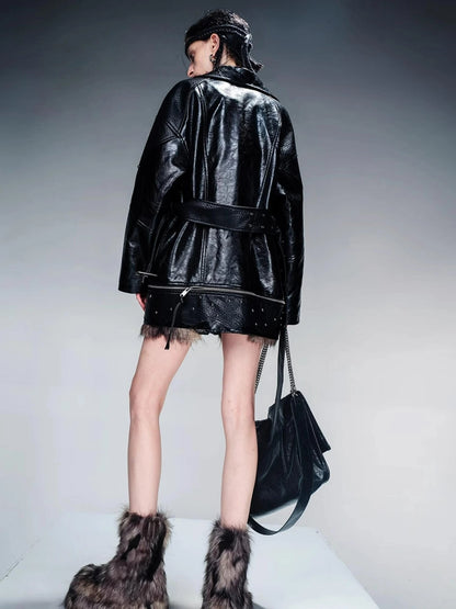 Waxed Stone Textured Leather Biker Jacket With Detachable Fur Collar