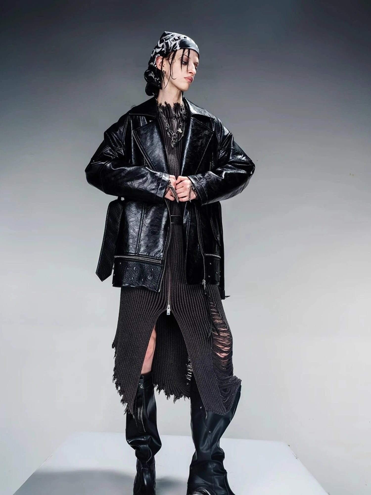 Waxed Stone Textured Leather Biker Jacket With Detachable Fur Collar